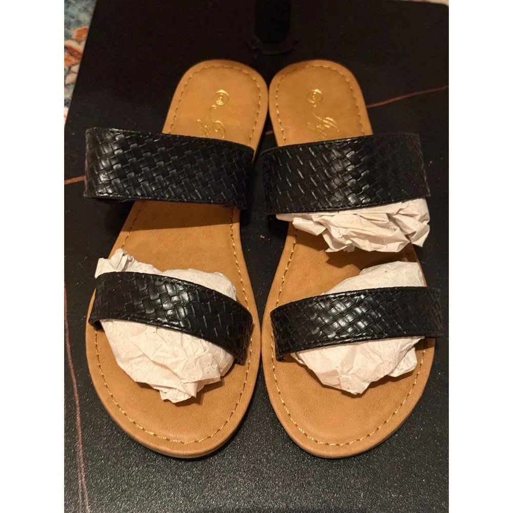 Black Woven Slide Sandals Women's Double Strap Flat Summer Shoes NWOB size 9
